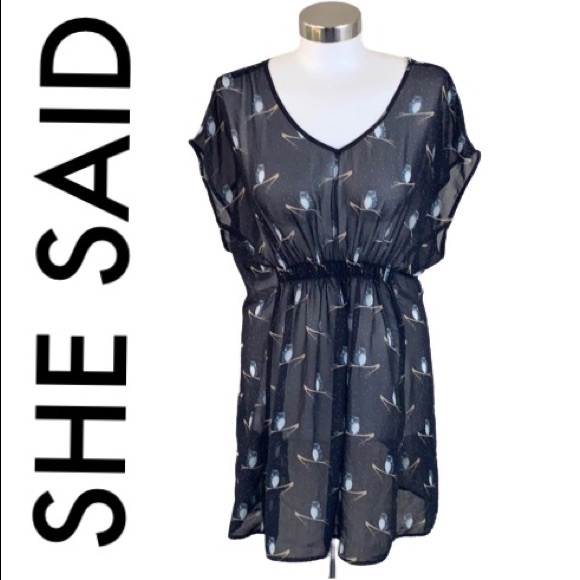 She Said Tops - SHE SAID BLACK OWL PRINT SHEER LONG TOP SIZE M